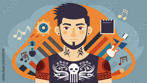 A man with a skull tattoo on his back is surrounded by musical notes and instruments. Concept of creativity and passion for music