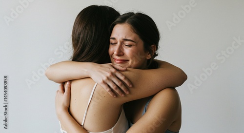 A woman finds solace in a hug while crying, receiving emotional support from a friend during a moment of sadness and vulnerability.