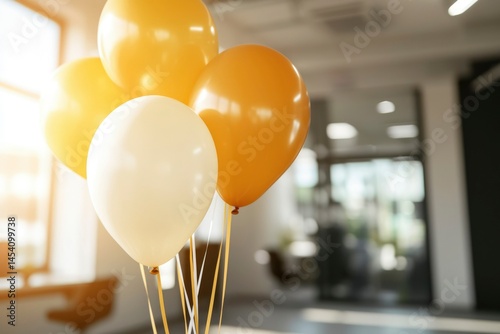 Bunch of helium balloons, yellow and white, floating indoors with blurred background office