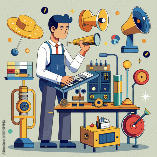 A man is working on a machine with a yellow hat on. The machine has a lot of different parts and the man is focused on it