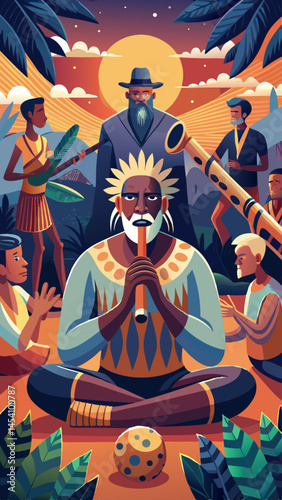 A man plays a flute while two women sit nearby. The scene is set in a tropical forest