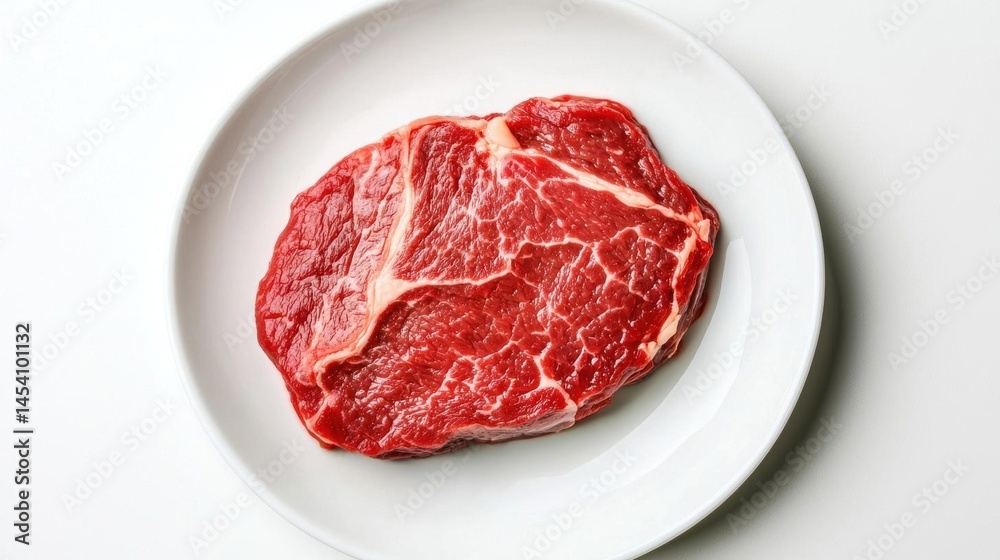 Piece of raw beef steak on a white plate. the steak appears to be a medium-rare, with a pinkish-red color and a marbled texture. it is cut into thin slices and is placed on a flat surface.