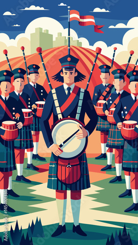 A group of men dressed in traditional Scottish clothing are playing instruments, including drums and bagpipes
