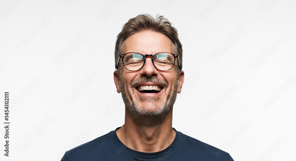A cheerful man with a wide smile and glasses, eyes closed with joy, against a bright white backdrop expressing happiness and positivity. A cheerful man with a wide smile and glasses, eyes closed with joy, against a bright white backdrop expressing happiness and positivity.