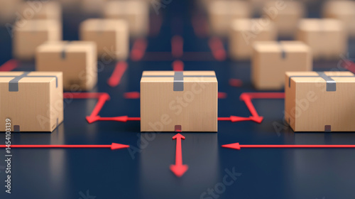 A network of shipping boxes connected by red arrows illustrating logistics and delivery.