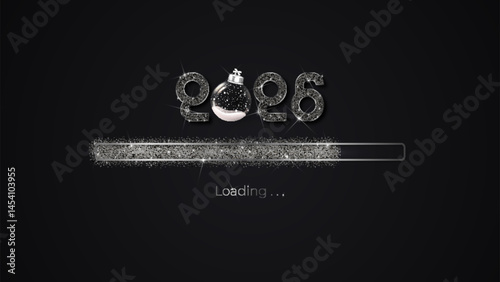 Progress bar with dark particles on black Download New Year's Eve. Loading animation screen with Glitter confetti shows almost reaching 2026. Creative festive banner with shiny progress bar