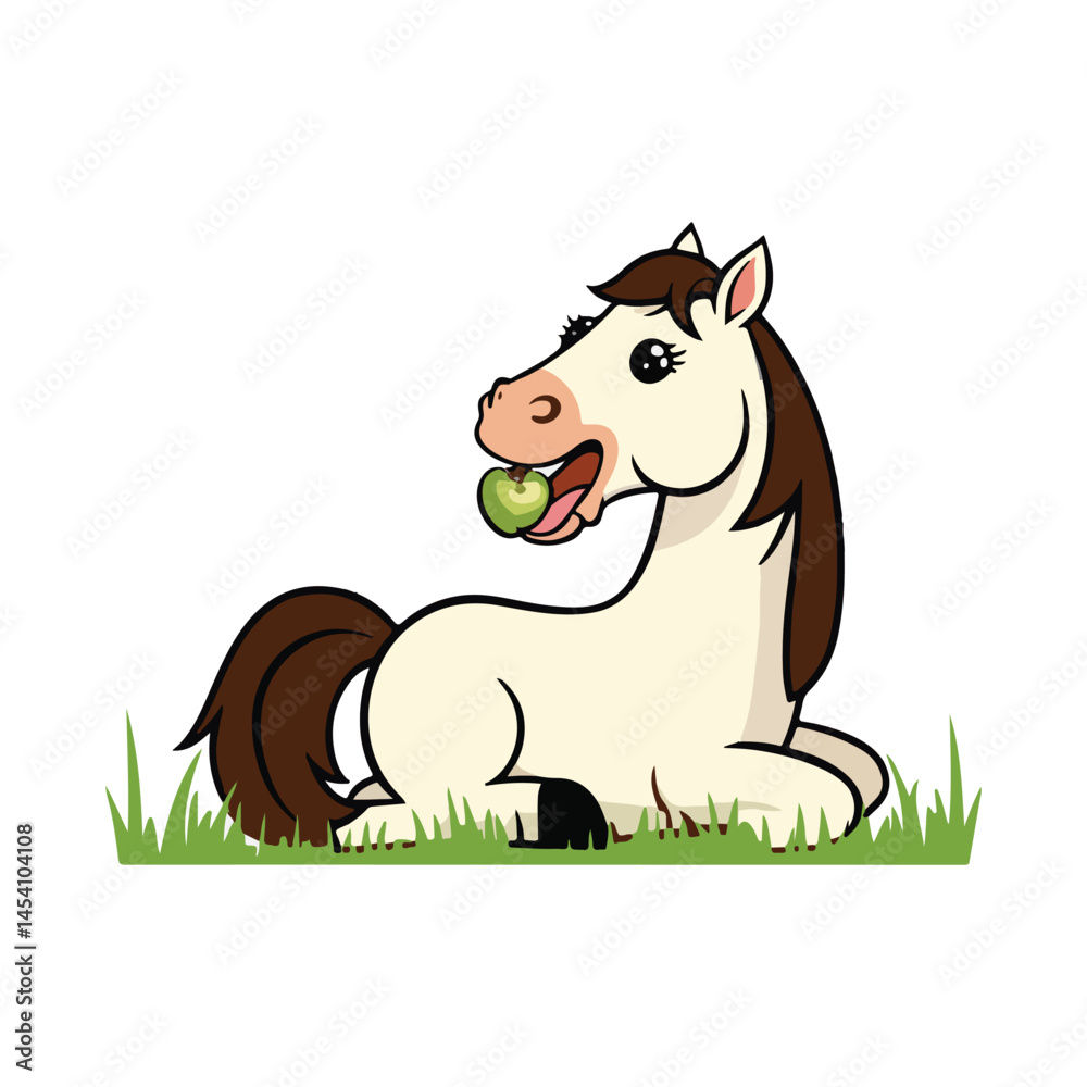 Obraz premium A cute, cartoon-style horse sitting down in some green grass. It has a light cream-colored body, a dark brown mane and tail, and black hooves.