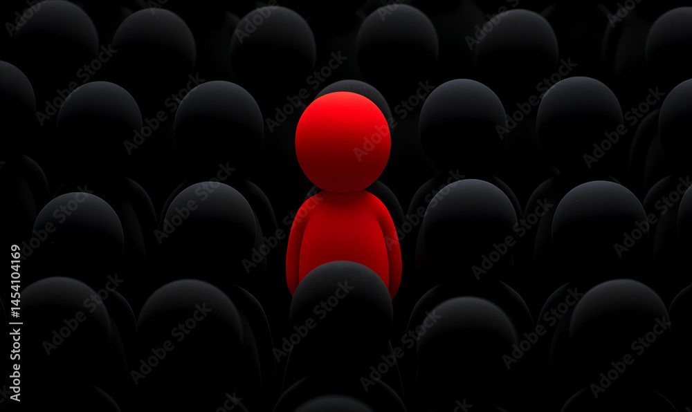 Obraz premium Red figure stands out. Contrasting color. Dark background. 3D. Sphere head. In crowd. Unique. Different. Stand out. Be seen