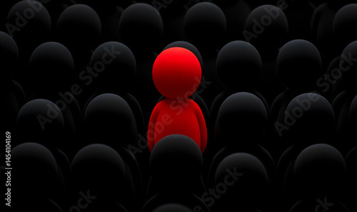 Red figure stands out. Contrasting color. Dark background. 3D. Sphere head. In crowd. Unique. Different. Stand out. Be seen