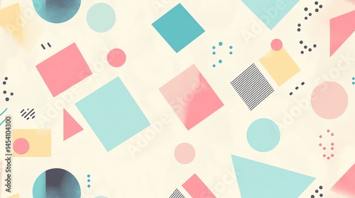 Digital illustration of abstract geometric shapes in muted pink, teal, and yellow tones.