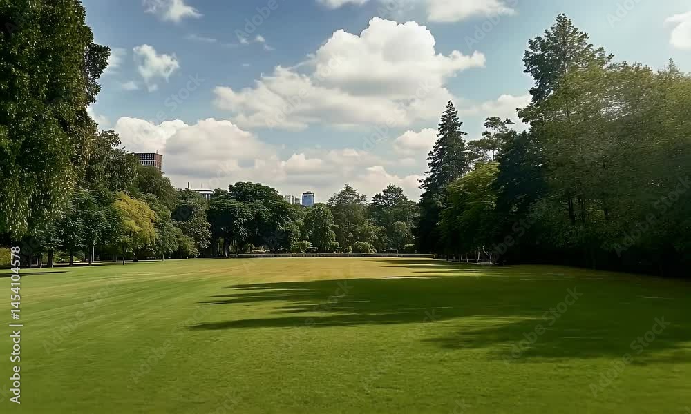 City park on a sunny day with green grass, trees, and urban skyline in the background. City park on a sunny day with green grass, trees, and urban skyline in the background.