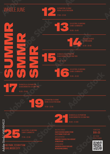 Summer Dance Party Events Month Calendar Flyer Template