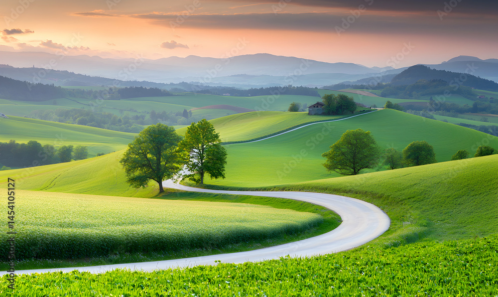 Fototapeta premium Scenic view with winding road through green fields and trees, under a warm, peaceful sky