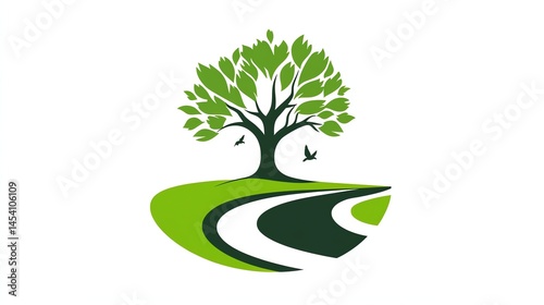Digital illustration of a stylized tree with roots and birds within a curved, organic shape.