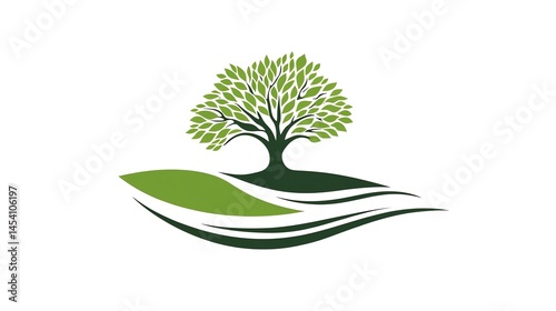 Digital illustration of a tree with roots on a hill, accompanied by stylized waves.