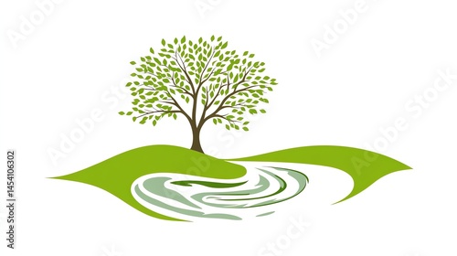 Digital illustration depicts a tree on a rolling hill with a flowing water element.