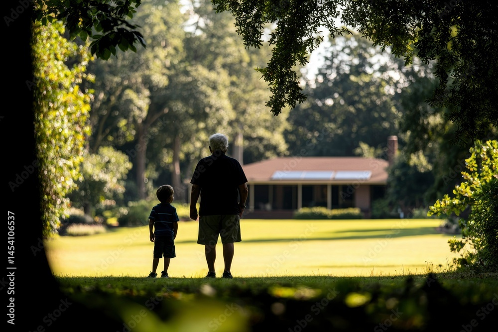 A boy and man walk toward a home bathed in sunlight, seen through foliage
