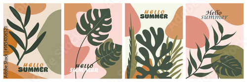 Event concept spring to summer greeting cards set plants, leaves, flowers stalk. celebration template poster, banner, covers, ads, branding, labels, print wallpaper