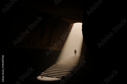 Solitary figure ascends stone steps from cavern into bright sunlight, seeking freedom and hope