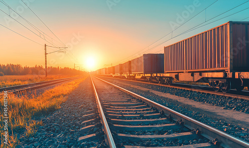 Sunrise on railway tracks leading into the distance with shipping containers during golden hour photo