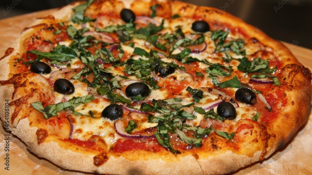 The image is of a freshly baked pizza on a wooden cutting board. the pizza is round and has a golden brown crust. The image is of a freshly baked pizza on a wooden cutting board. the pizza is round and has a golden brown crust.