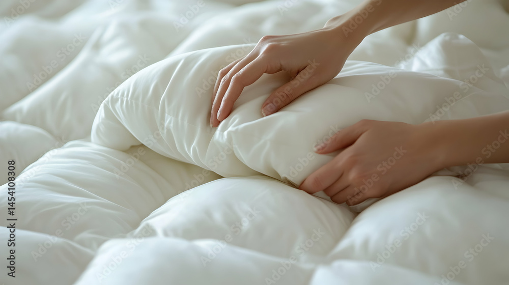 Hands carefully adjusting a soft, pristine white pillow on a luxurious bed Hands carefully adjusting a soft, pristine white pillow on a luxurious bed