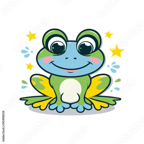 A cheerful cartoon frog with green and yellow skin, a light blue face, big black eyes, and rosy cheeks is sitting with yellow stars and blue water droplets around it.