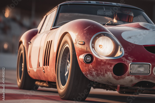 Close-up of a vintage racing car on the speedway of the autodrome