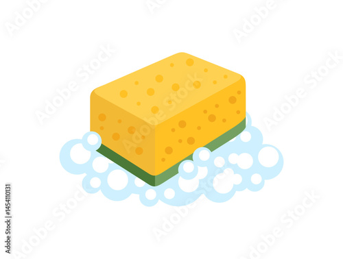 Yellow sponge in soapy foam isolated on white background. Vector cartoon flat illustration. 