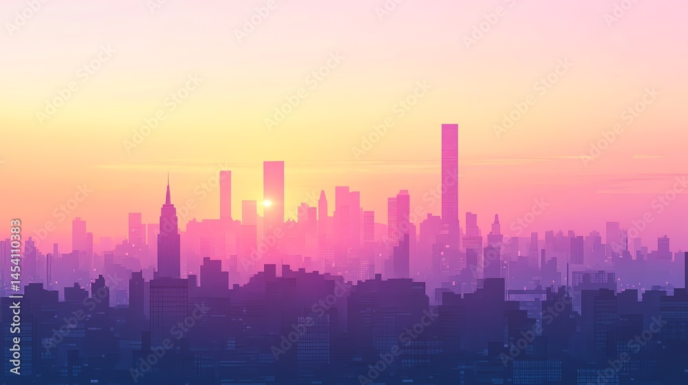 Digital illustration of a silhouetted cityscape under a vibrant sunrise gradient. Digital illustration of a silhouetted cityscape under a vibrant sunrise gradient.