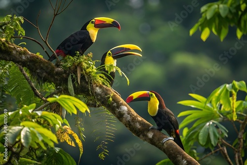 Toucan sitting on the branch in the forest, green vegetation, Costa Rica. Nature travel in central America. Two Keel-billed Toucan, Ramphastos sulfuratus, pair of bird with big bill.