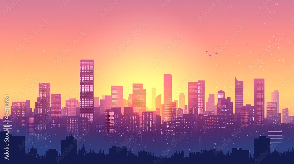 Digital illustration of a cityscape at sunset with towering silhouettes and a bright, gradient sky. Digital illustration of a cityscape at sunset with towering silhouettes and a bright, gradient sky.
