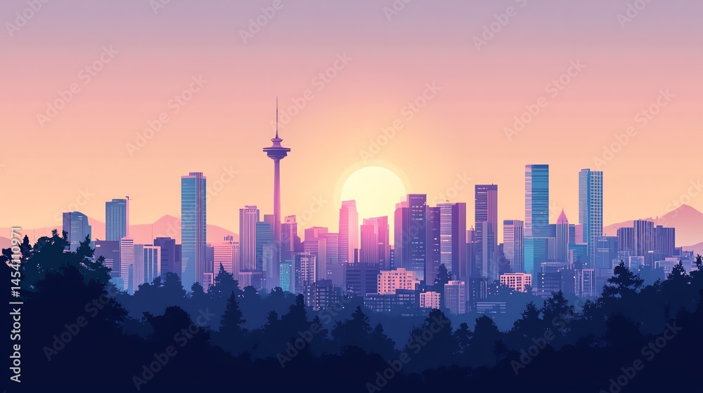 Fototapeta premium Digital illustration of a silhouetted cityscape at sunset, featuring a prominent tower and forested hills.