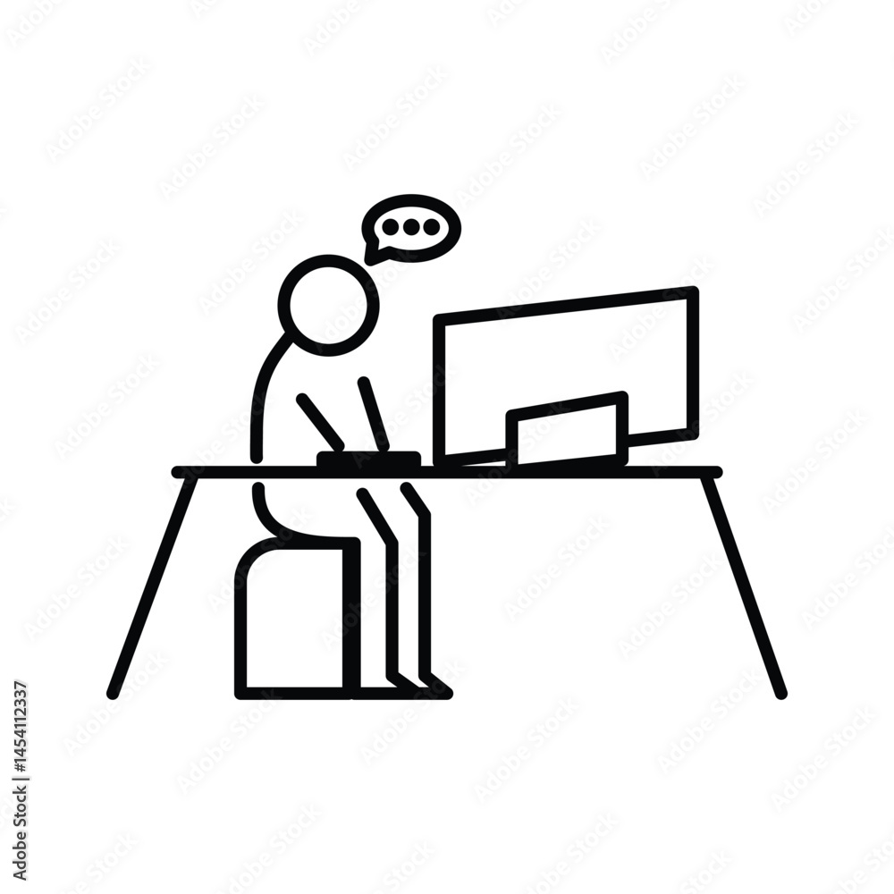 Fototapeta premium Executive working in front of a computer at office workplace. Stickman figure icon silhouette pictogram.