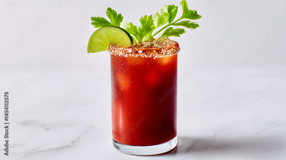 Savory Vodka Cocktail with Clamato Juice and Fresh Garnishes in a Stylish Glass Savory Vodka Cocktail with Clamato Juice and Fresh Garnishes in a Stylish Glass