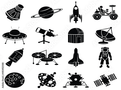 A vector set of black space shuttle icons and design elements illustration