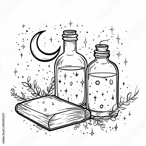 Mystical Still Life Illustration Features Book, Bottles, Moon and Stars Design