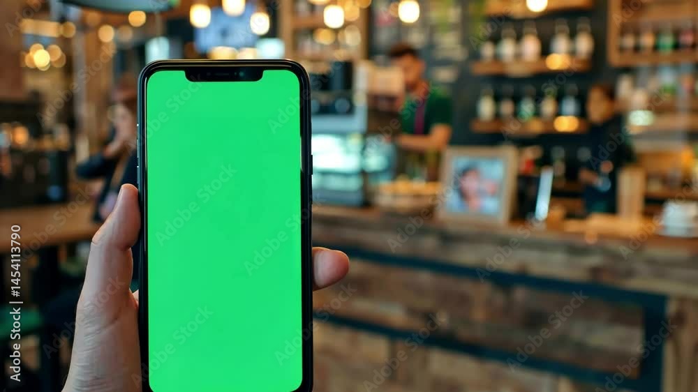 A hand holding a smartphone with a green screen in a cozy cafe setting