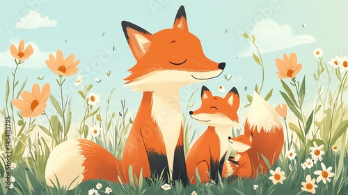 Digital illustration of three foxes in a wildflower meadow under a blue sky.