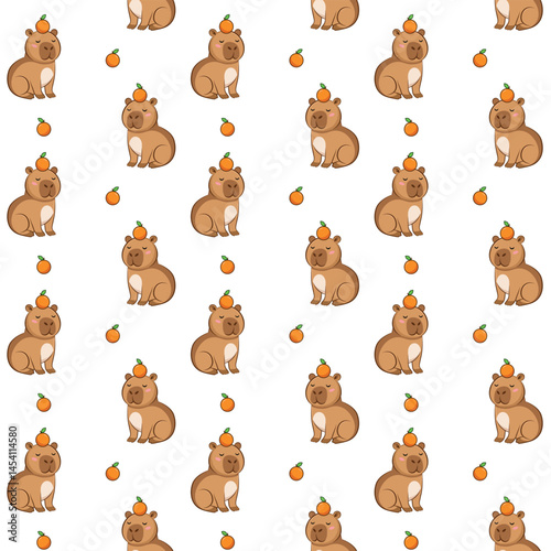 Cute capybara with oranges. Seamless pattern