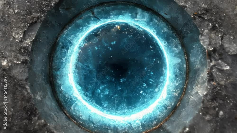 Frozen surface with glowing blue ring