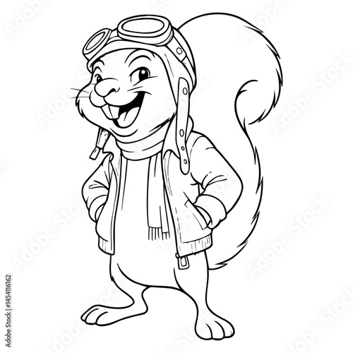 Stylized Cartoon Squirrel in Aviator Outfit. Happy Squirrel Character with Goggles and Scarf