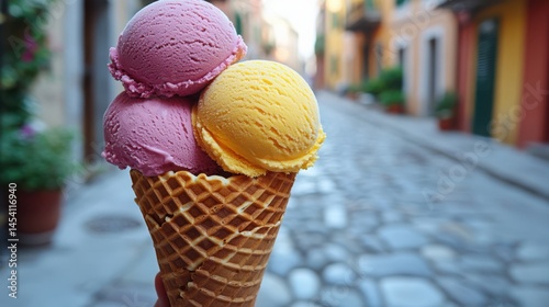 Gelato in Waffle Cone on Italian Street - Colorful scoops of artisanal Italian gelato in a crispy waffle cone, a charming cobblestone street in the background.