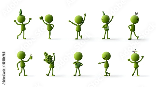 Collection of Happy Green Stick Figures in Various Dancing Poses