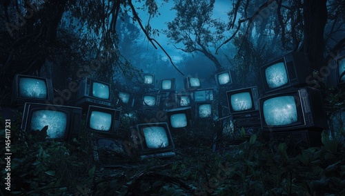 Vintage televisions scattered in a dark, overgrown forest at night, displaying strange ethereal images