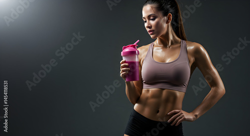 A fit woman in workout attire holding a protein shake, showcasing her toned physique after an intense workout.