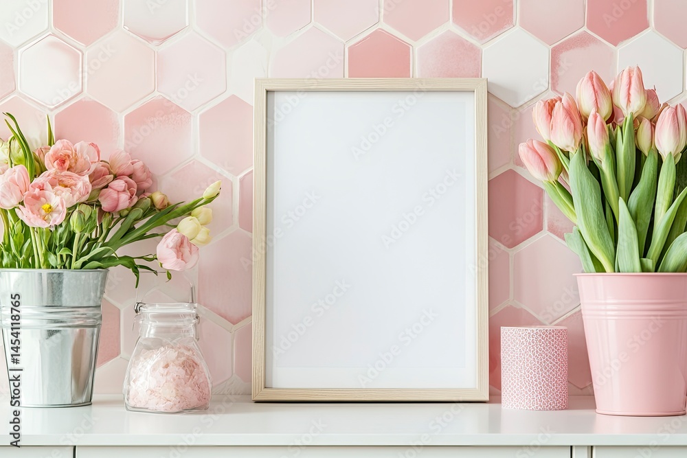 Blank Frame with Flower Arrangement on White Shelf Blank Frame with Flower Arrangement on White Shelf