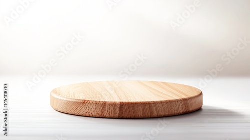 A smooth wooden round board on a light background for culinary presentation.