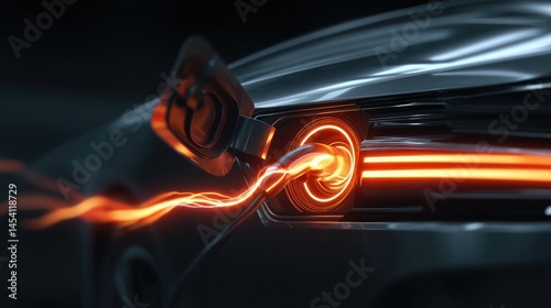 Electric Car Charging: Close-up of Energy Flow and Glowing Connector