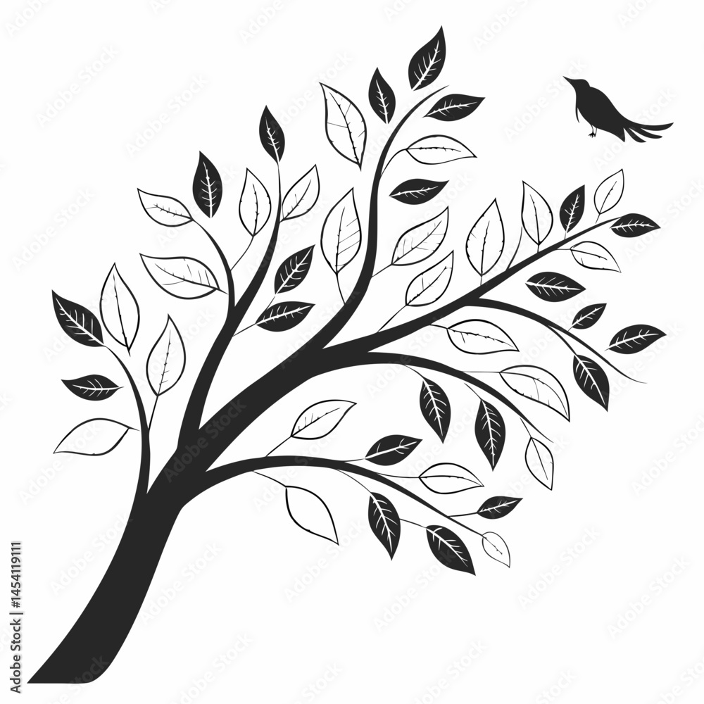 Obraz premium vector tree silhouette , Vector art of a tree with leaves and a bird flying near it, isolated on white background, representing nature, growth, and the beauty of the season